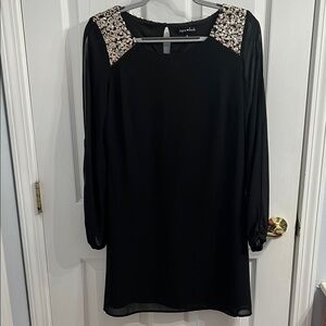 Sequin Hearts Black Long-Sleeve Shift Dress with Silver Sequin Shoulders